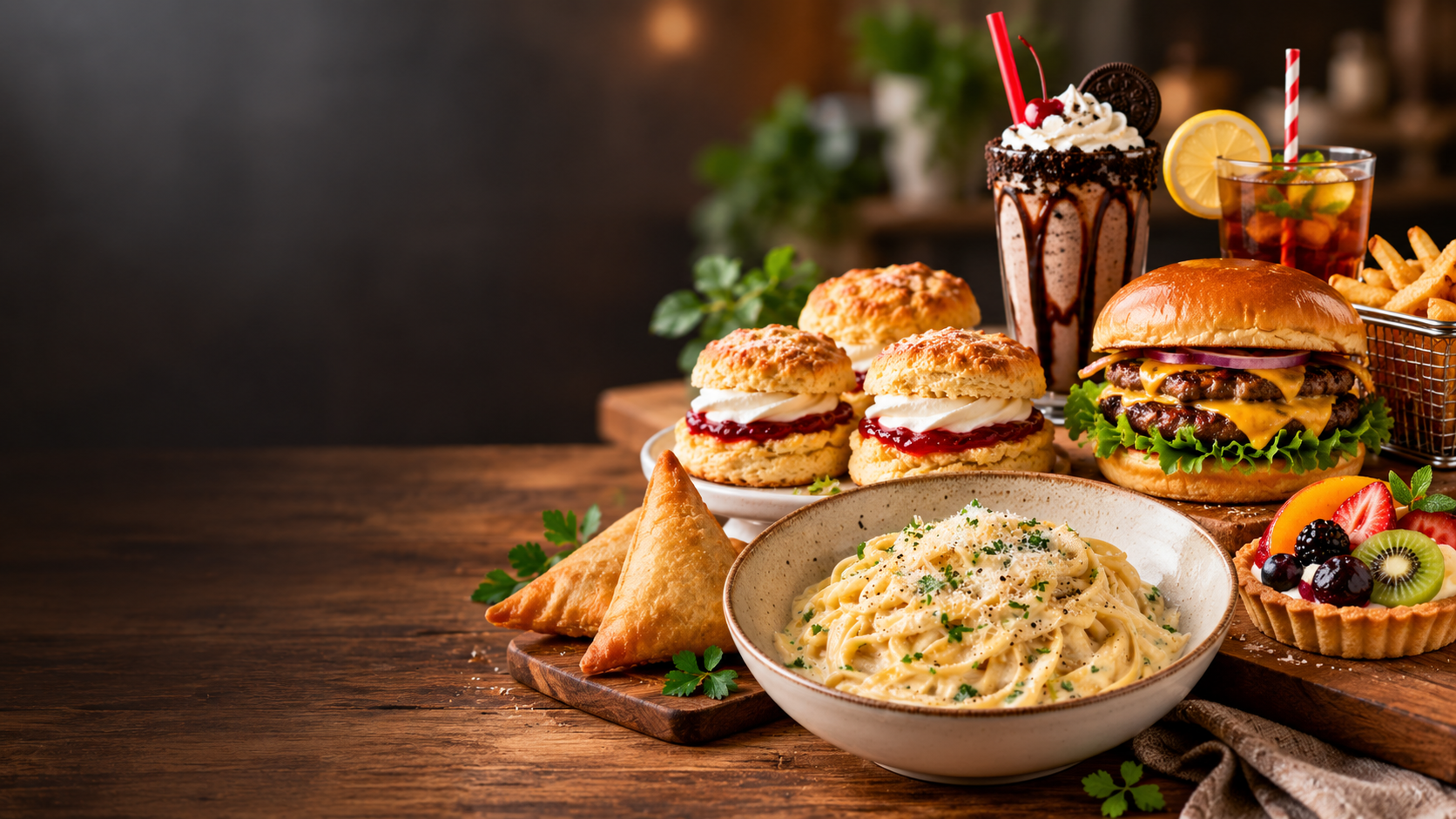 Spoon Stories table spread with pasta, scones, burger, drinks, samoosas and tart